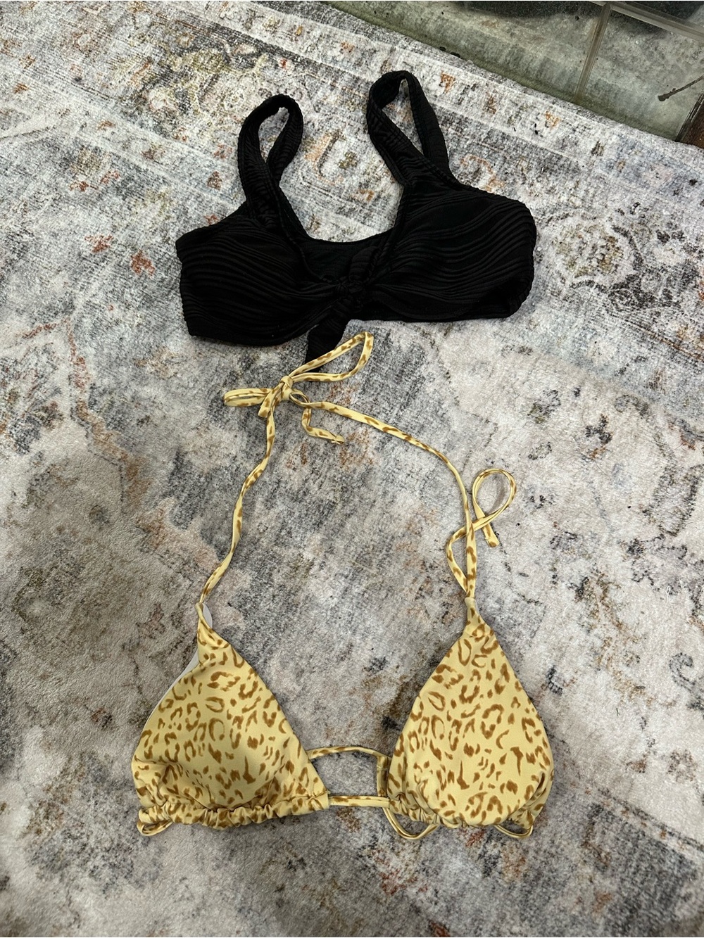 Shein Black Ribbed Bikini Top + Yellow Leopard Triangle Top- Bundle